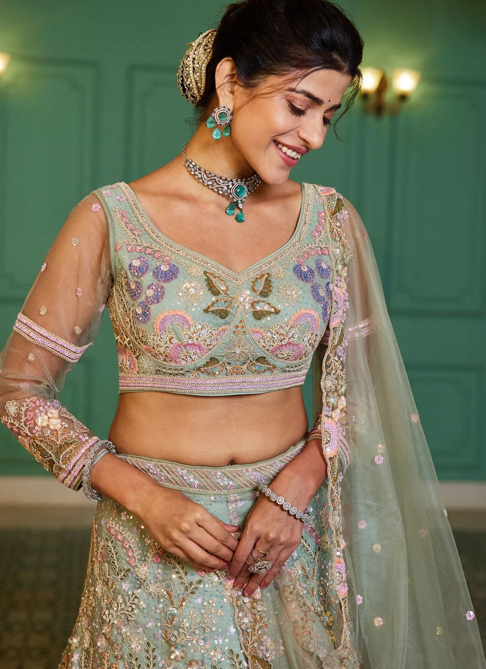 Lime Green Net Lehenga Choli with Zarkan & Sequins Work

