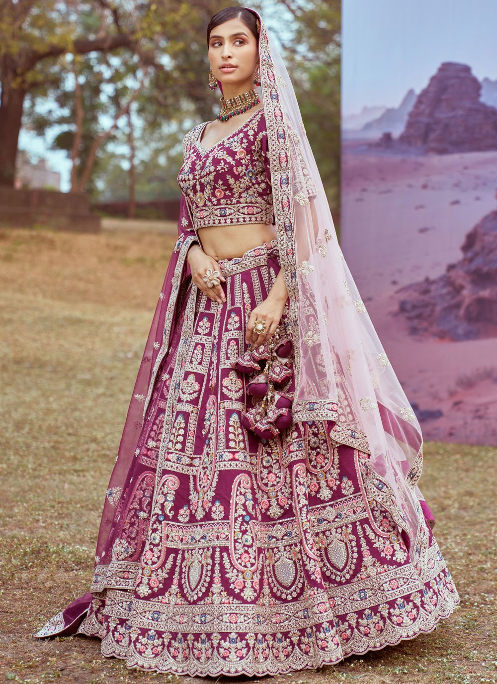 Purple Silk Reception Lehenga with Beads