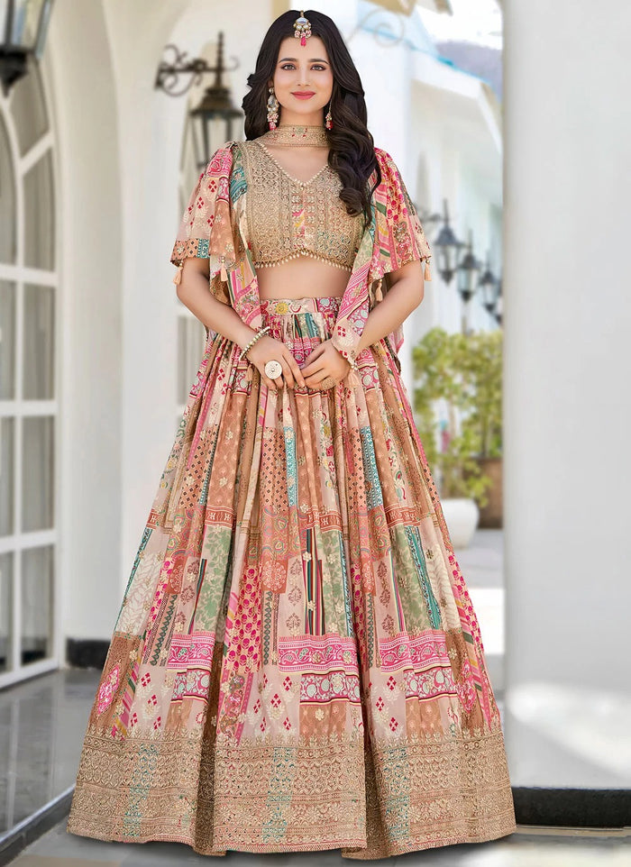 Stylish Beige Dori Embroidered Chinnon Silk Cocktail Party Wear Lehenga Choli With Dupatta
