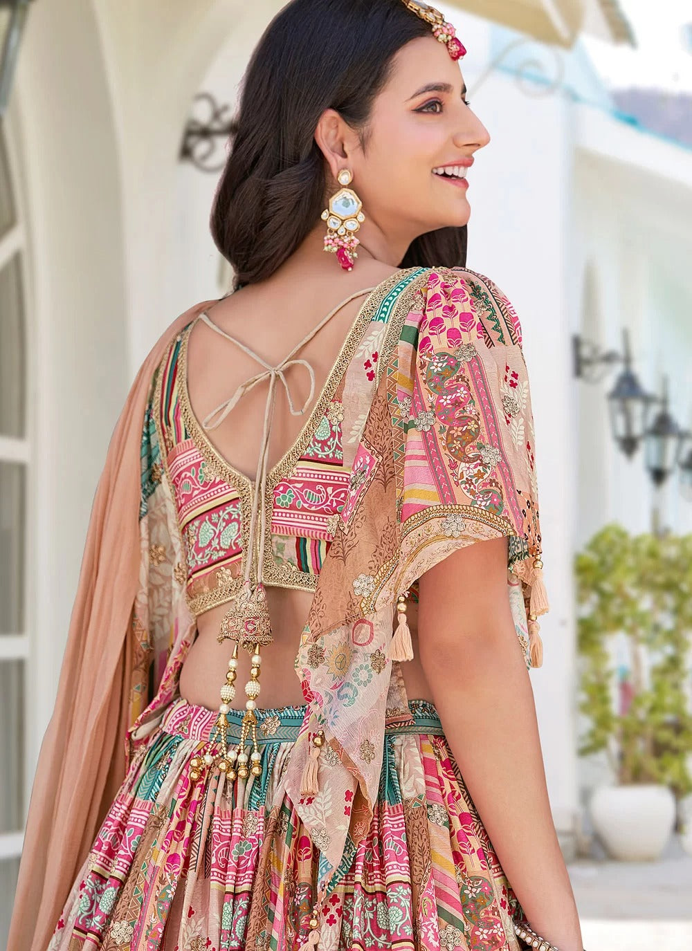 Beige Chinnon Silk Lehenga Choli with Dori Embroidery and Chiffon Dupatta – Cocktail Party Wear