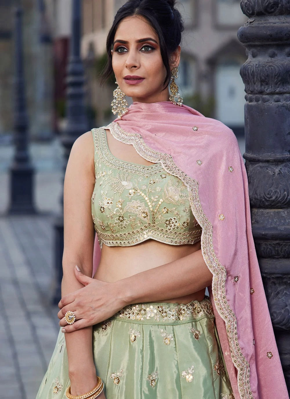 Lime Green Satin Lehenga Choli with Turquoise Embroidered Dupatta for Indian Celebrations