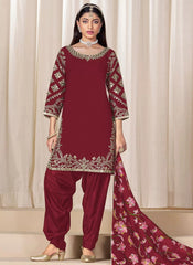 Stylish Maroon Mirror Work Punjabi Suit in Chanderi Silk with Glass Embellishments