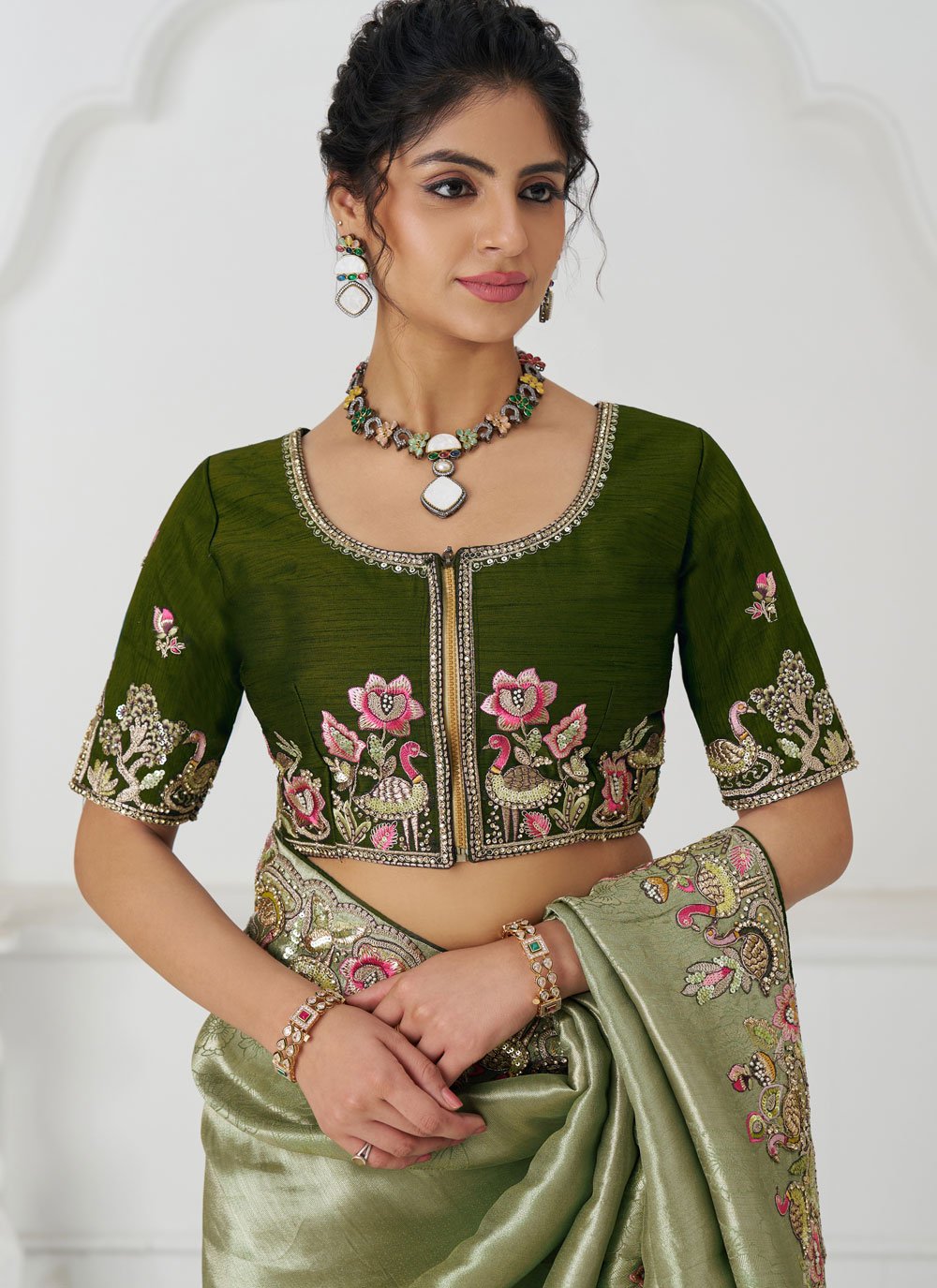 Designer embroidery with sequins and bird detailing saree