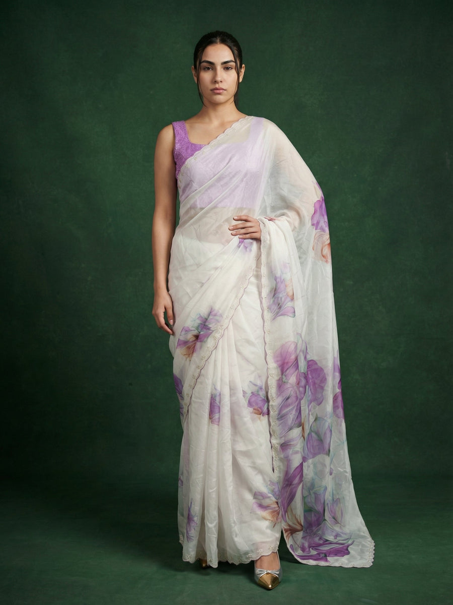 lavender fendy satin saree with floral print and handwork embroidery
