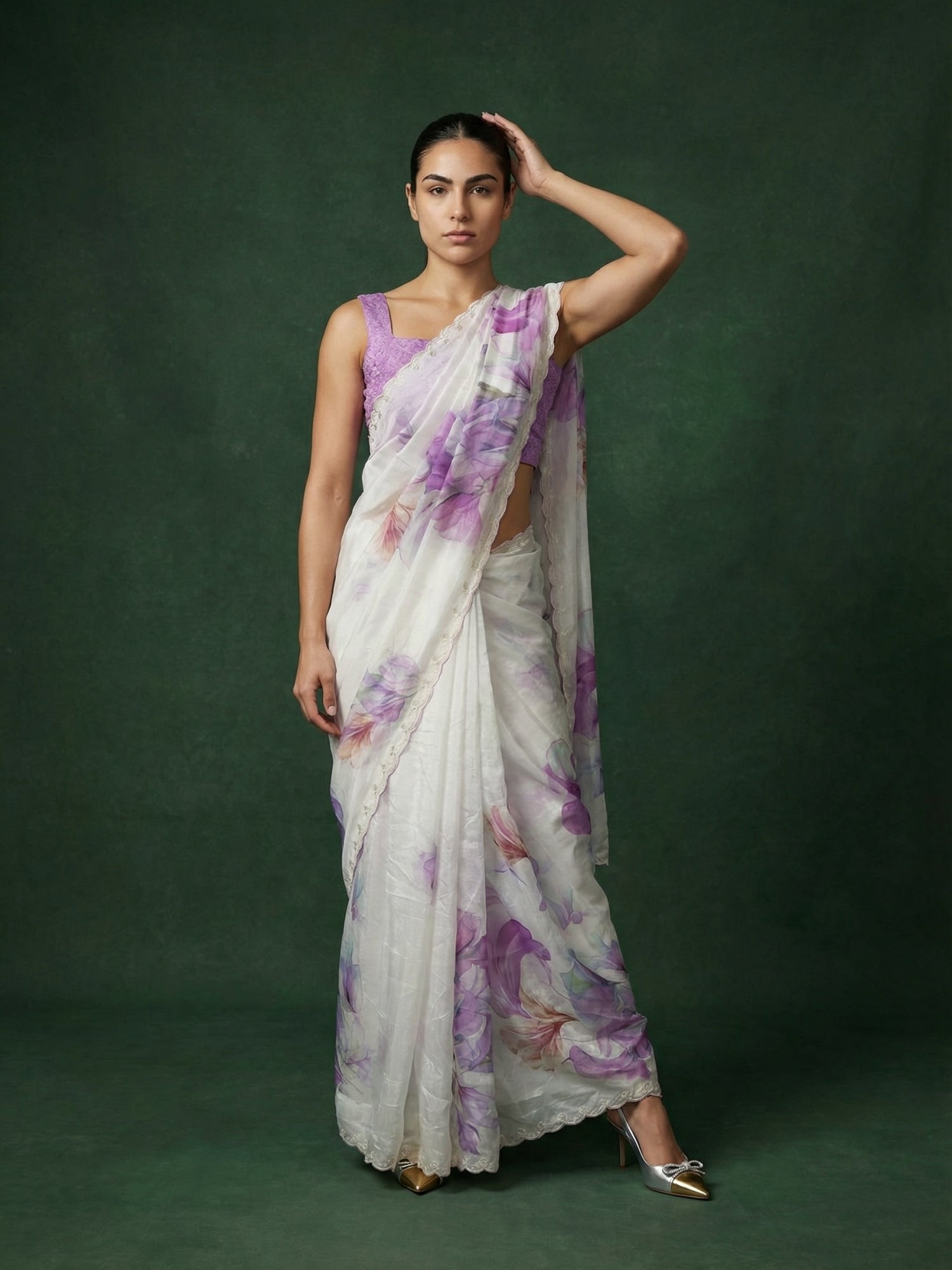 designer lavender saree with graceful drape and floral patterns