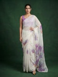 lavender fendy satin saree with floral print and handwork embroidery
