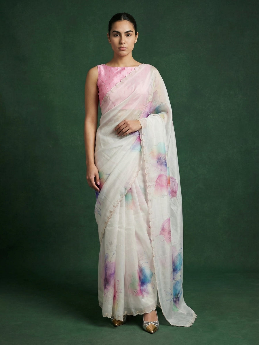pink party wear fendy satin saree with floral handwork embroidery