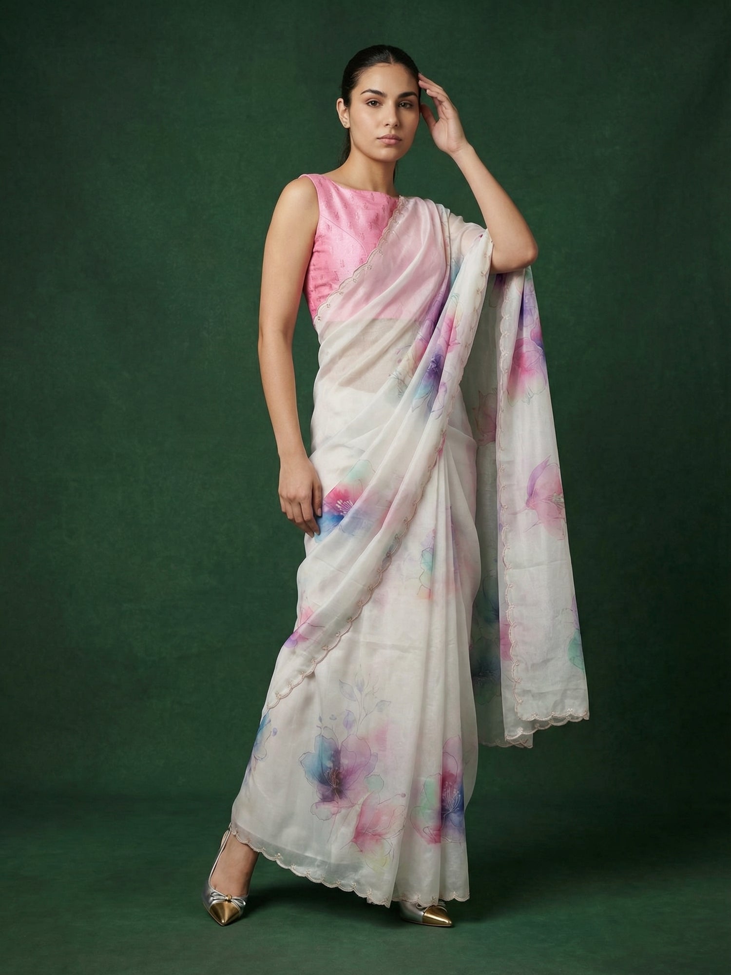 festive floral satin saree with intricate handcrafted detailing