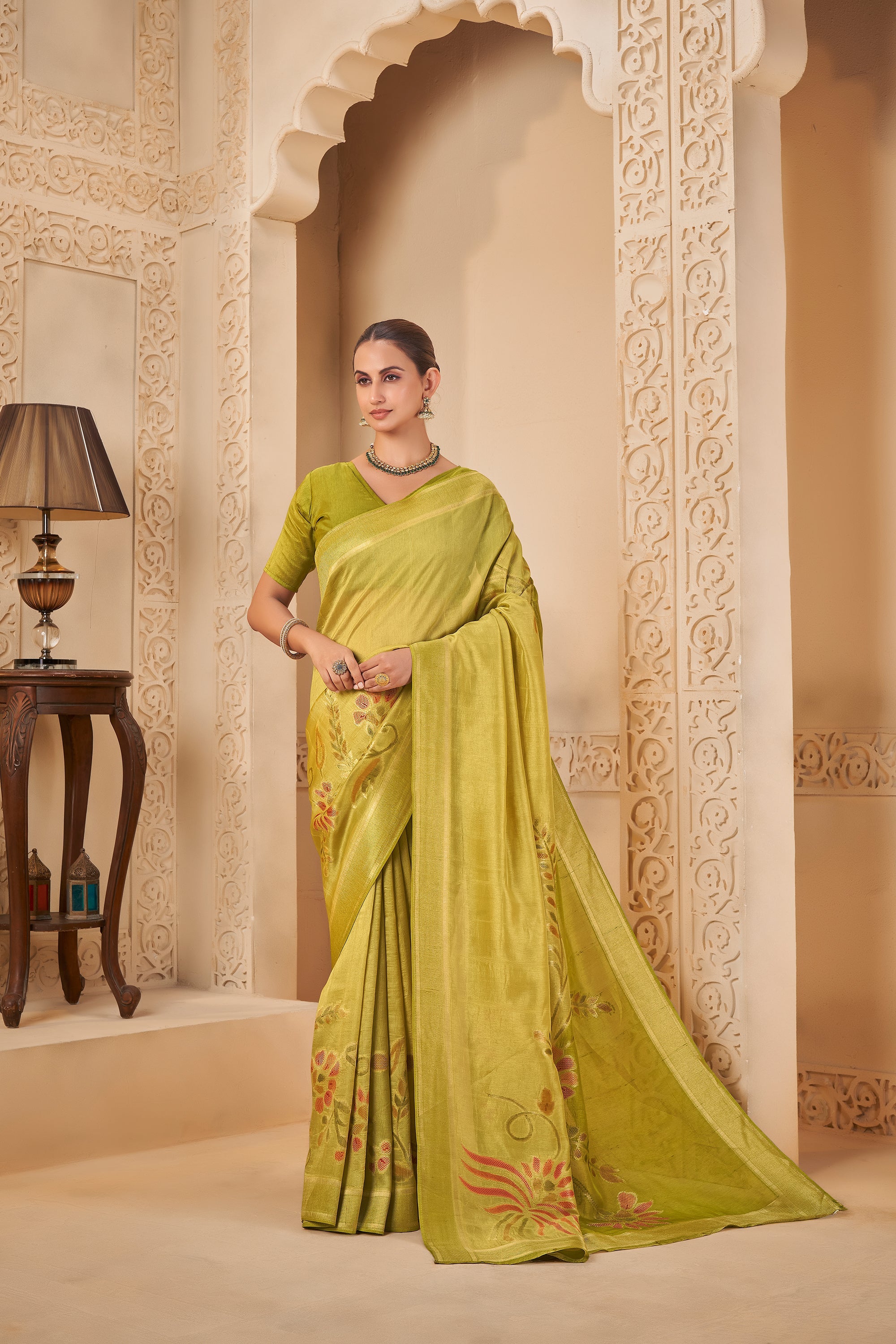 Majestic Olive Green Saree – Traditional Yet Trendy - Gunj Fashion