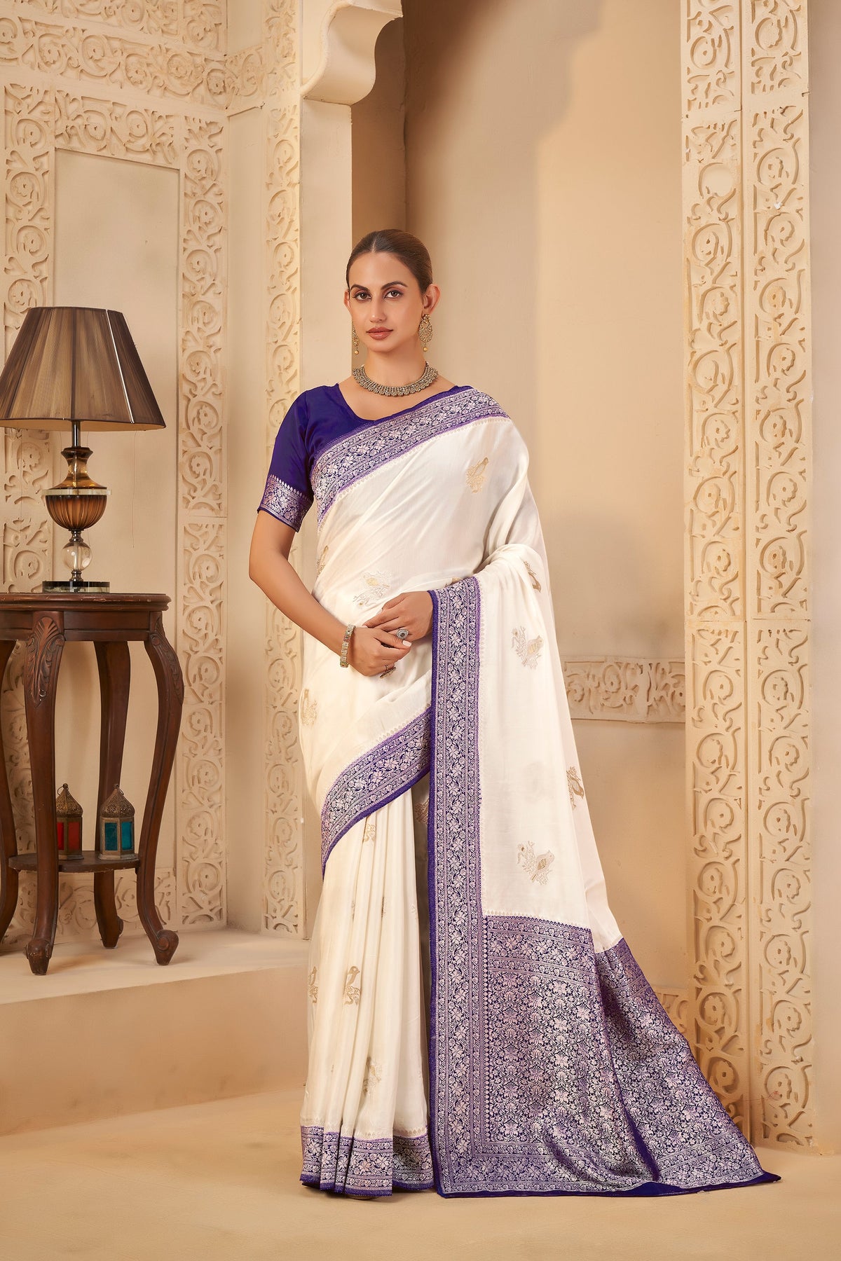 Divine White Saree with Purple Accents – Tradition Meets Luxury - Gunj Fashion