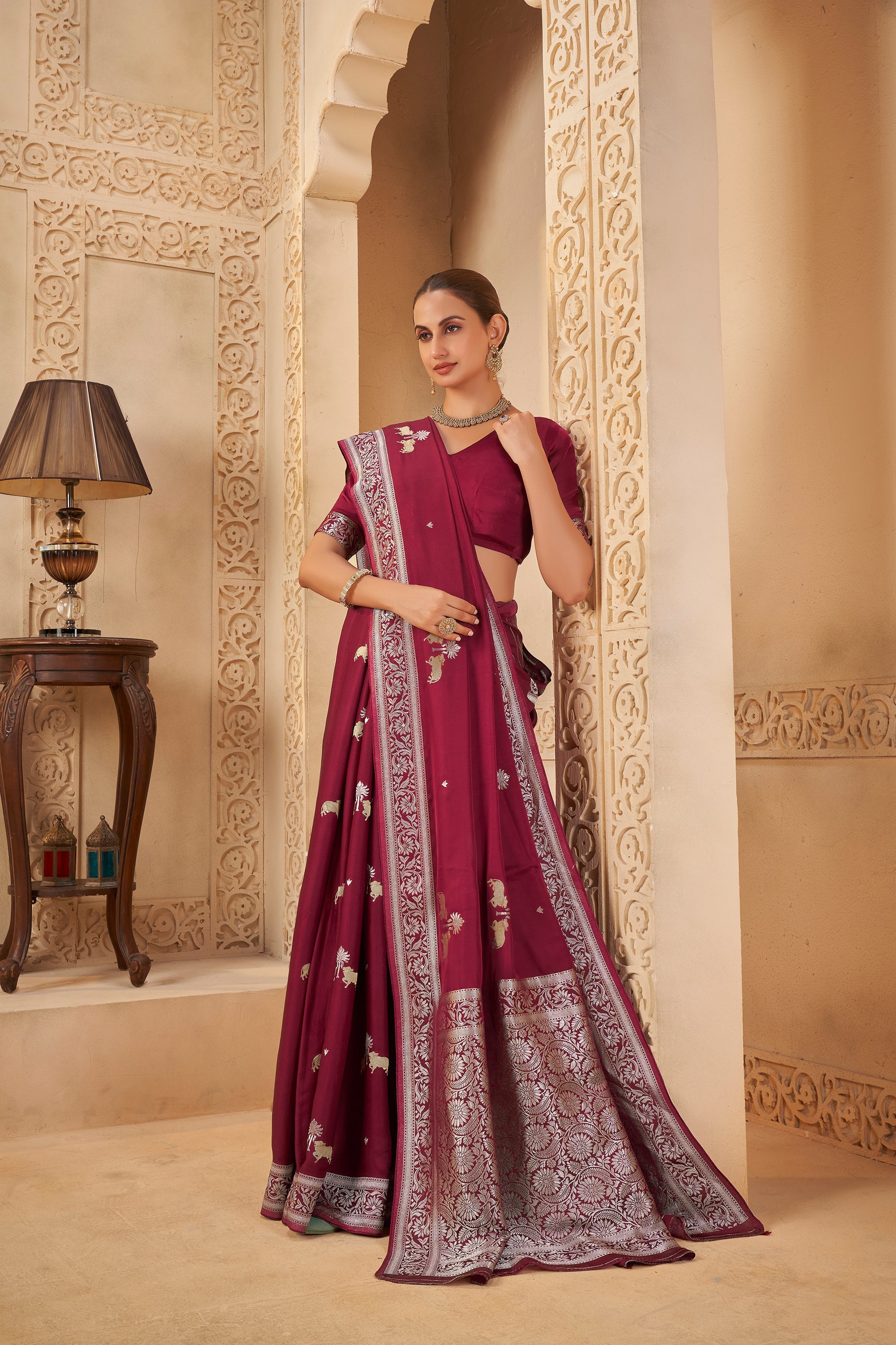 "Classic Maroon Saree – Sophisticated & Festive Choice - Gunj Fashion