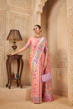 Peach Pink Saree with Silver Zari Border & Multicolor Weave - Gunj Fashion