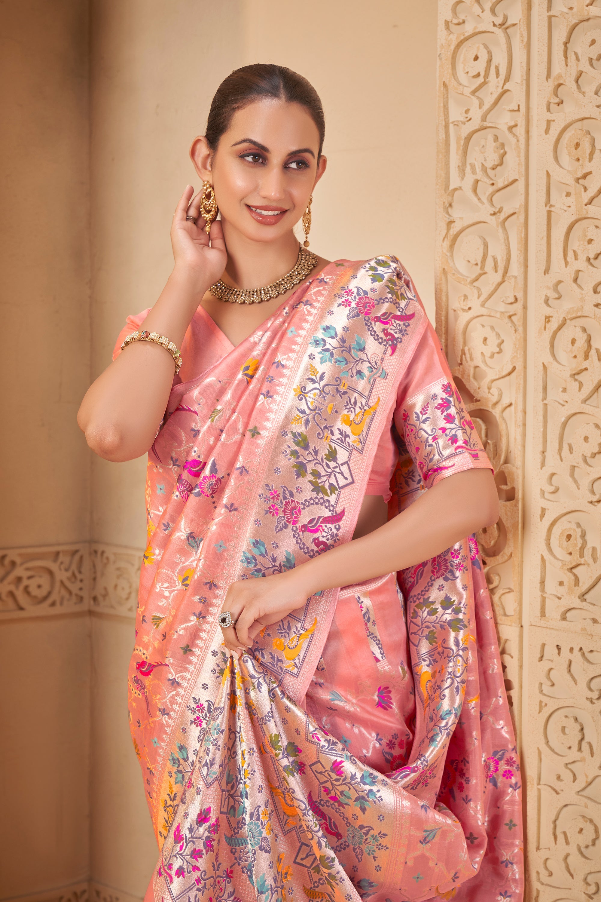 Peach Pink Saree with Silver Zari Border & Multicolor Weave - Gunj Fashion