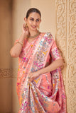 Peach Pink Saree with Silver Zari Border & Multicolor Weave - Gunj Fashion