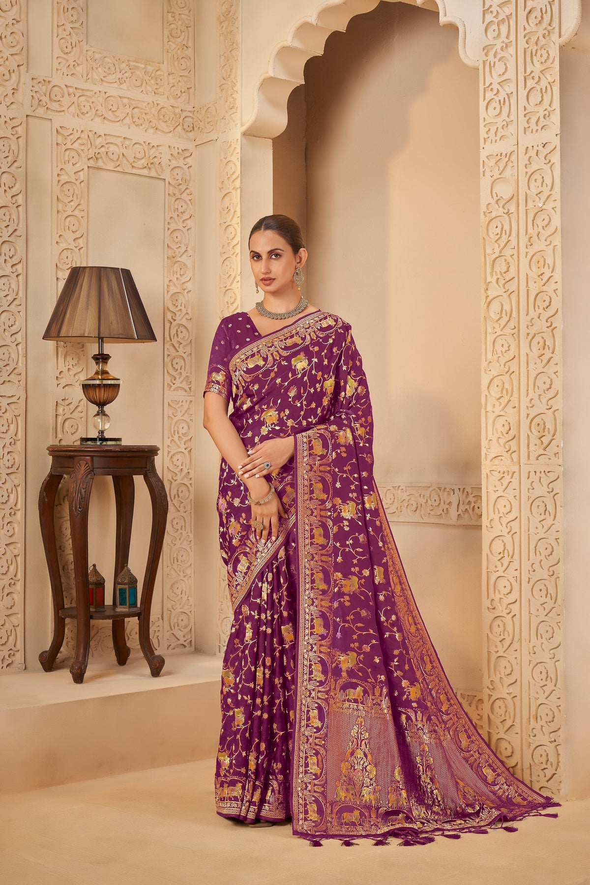 Rich Purple Saree with Regal Golden Elephant & Peacock Motifs - Gunj Fashion