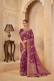 Rich Purple Saree with Regal Golden Elephant & Peacock Motifs - Gunj Fashion