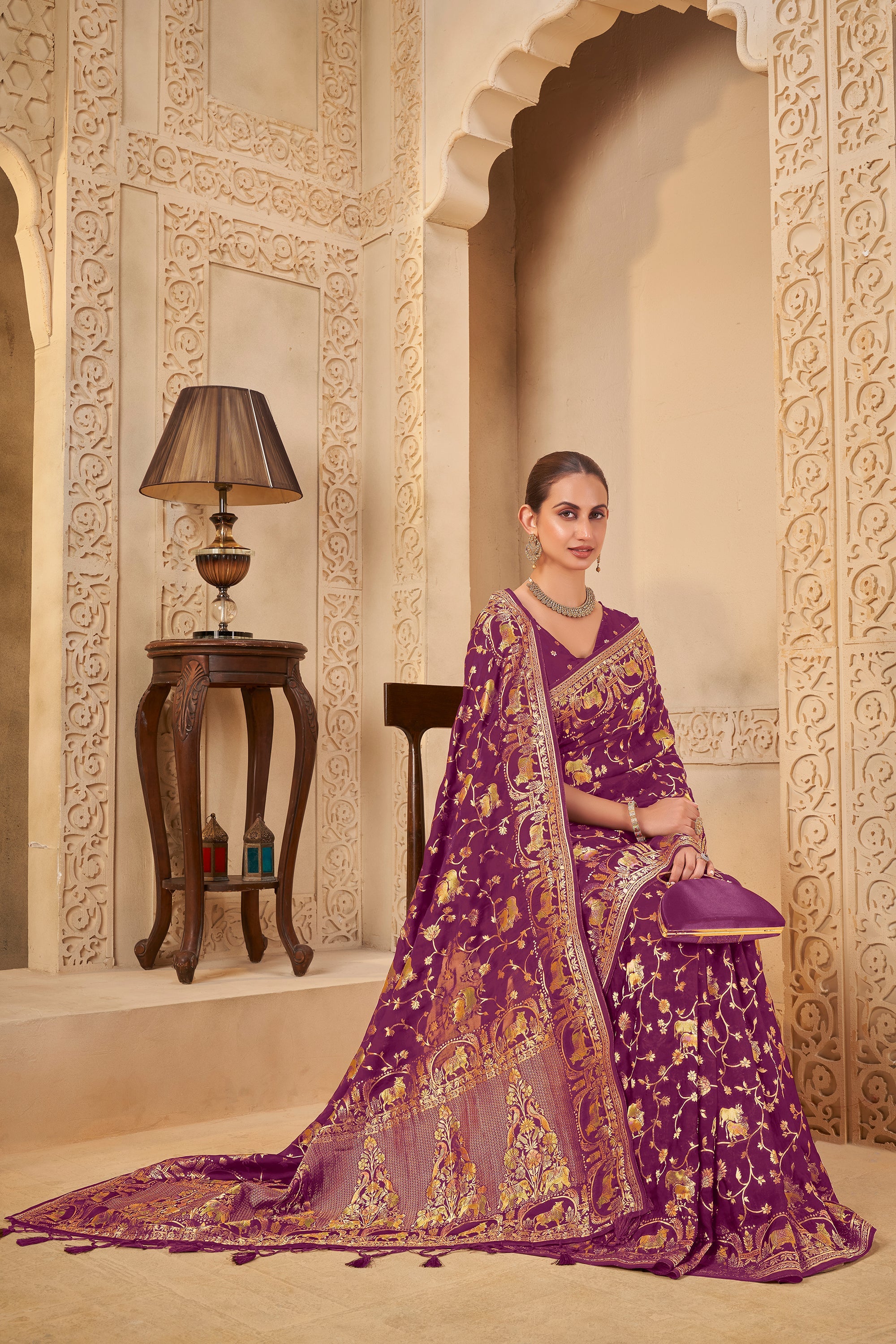 Rich Purple Saree with Regal Golden Elephant & Peacock Motifs - Gunj Fashion
