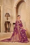 Rich Purple Saree with Regal Golden Elephant & Peacock Motifs - Gunj Fashion
