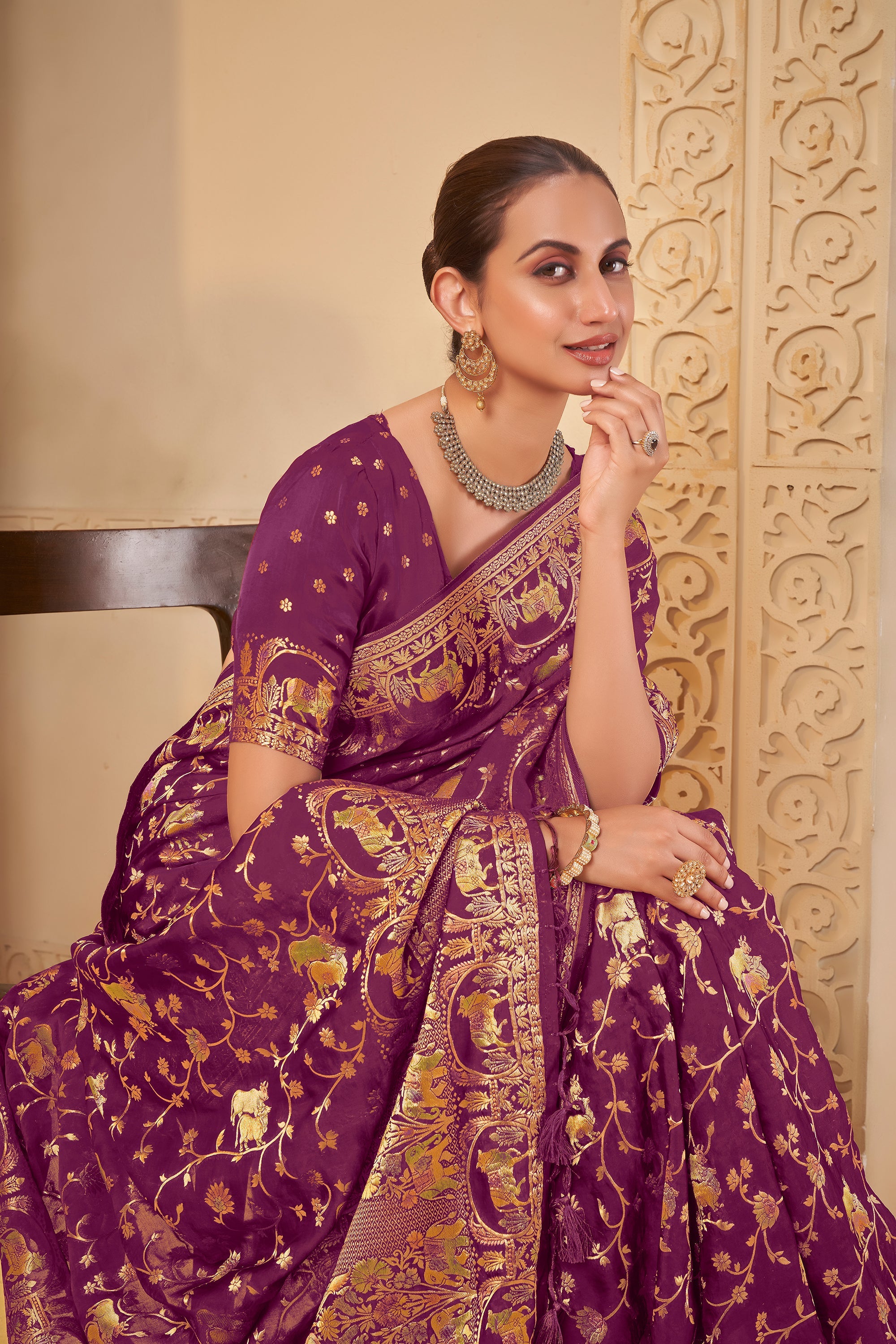 Rich Purple Saree with Regal Golden Elephant & Peacock Motifs - Gunj Fashion