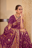 Rich Purple Saree with Regal Golden Elephant & Peacock Motifs - Gunj Fashion