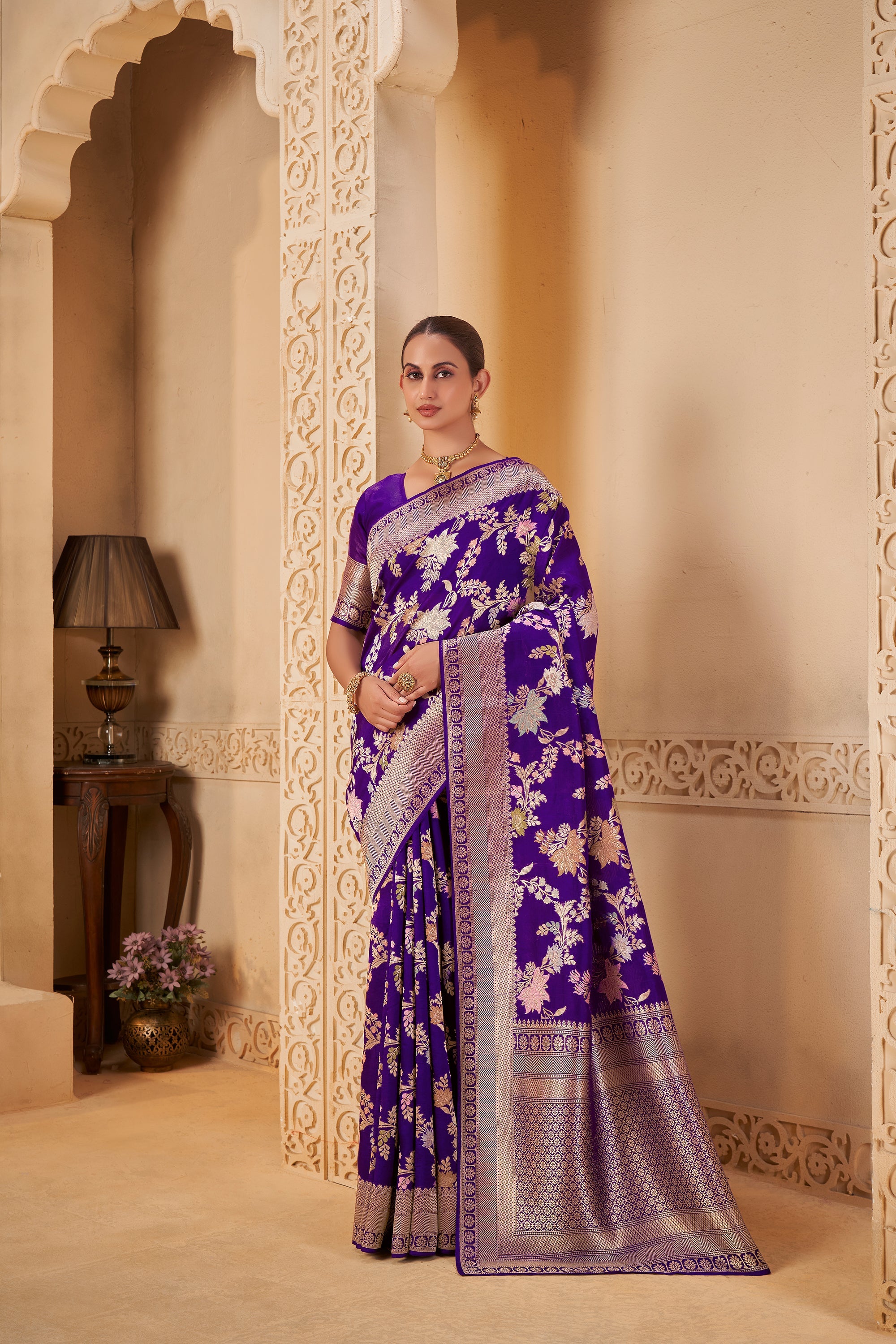 Royal Purple Saree with Silver Zari Border & Floral Weave - Gunj Fashion