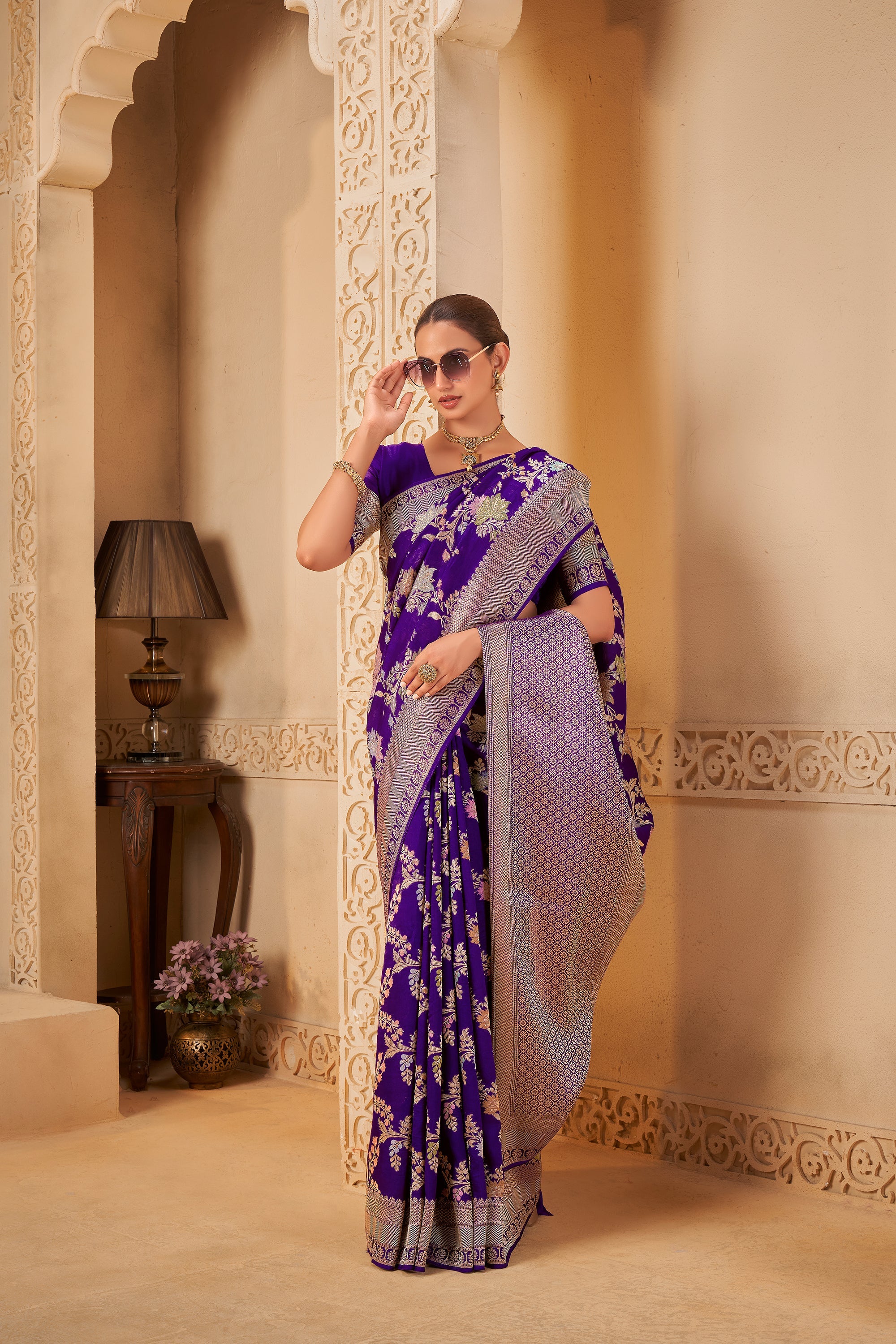 Royal Purple Saree with Silver Zari Border & Floral Weave - Gunj Fashion