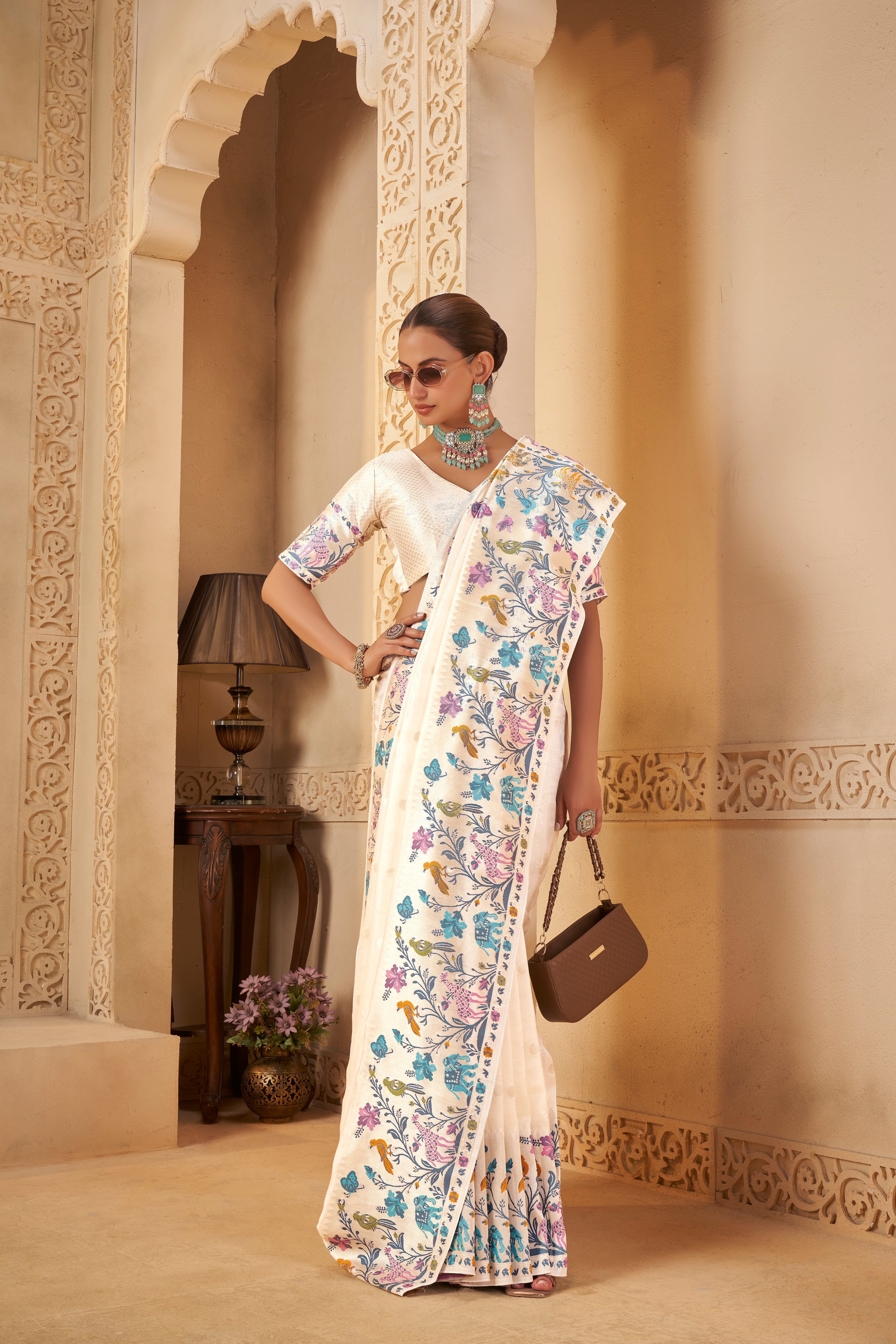 White Saree – Nature-Inspired Heritage Design - Gunj Fashion