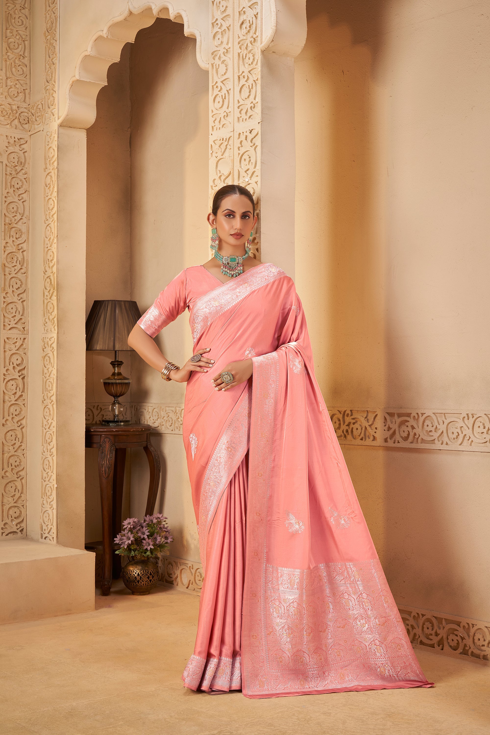 Charming Coral Pink Saree – Elegant & Radiant - Gunj Fashion