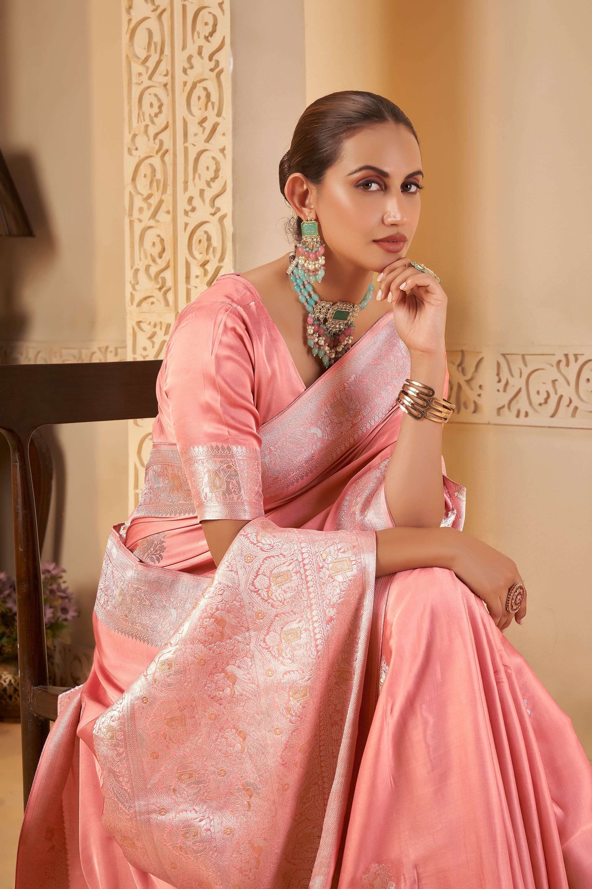 Charming Coral Pink Saree – Elegant & Radiant - Gunj Fashion