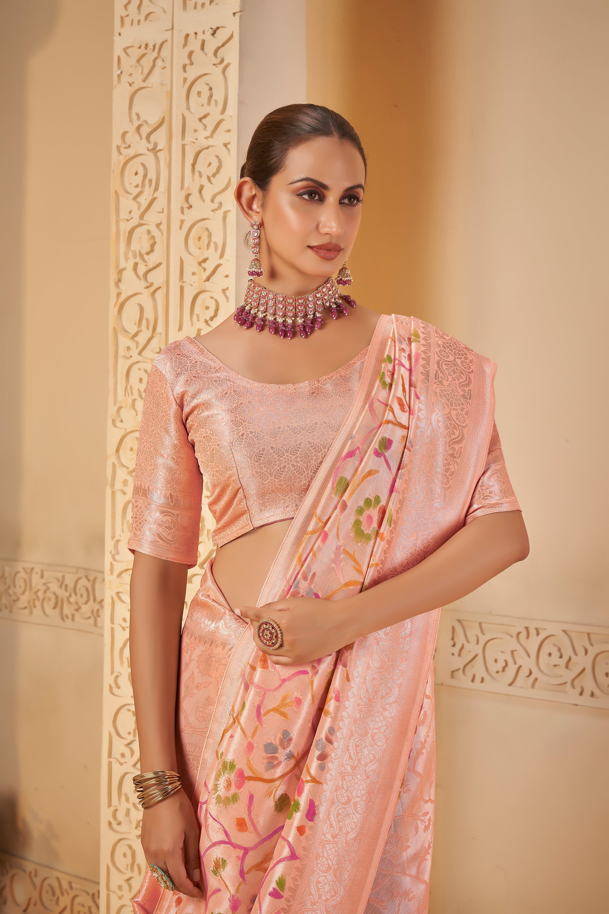 Soft Pastel Saree with Vibrant Multicolor Floral Motifs & Matching Blouse - Gunj Fashion
