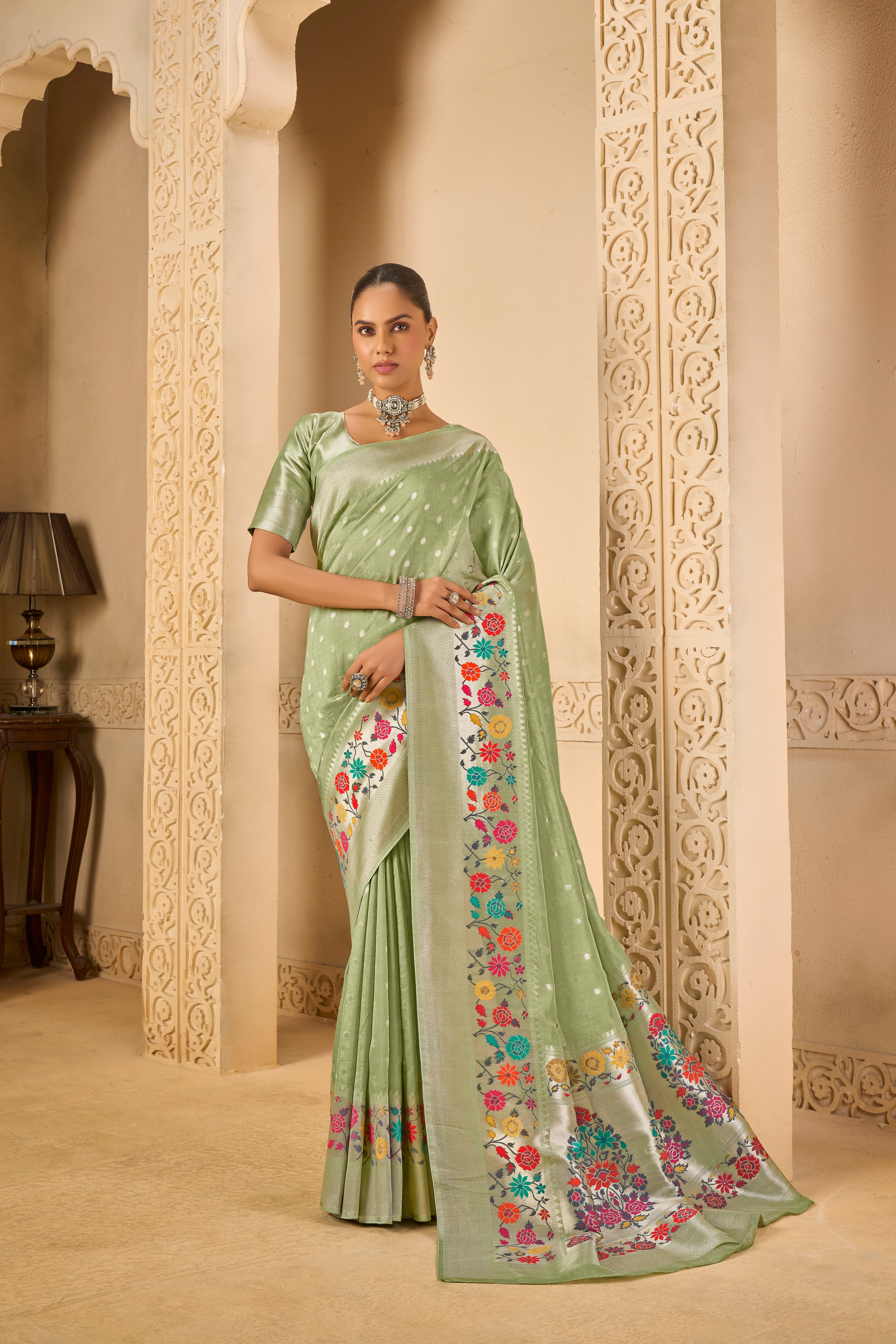 Soft Pastel Saree – Multicolor Floral Weaving Beauty - Gunj Fashion