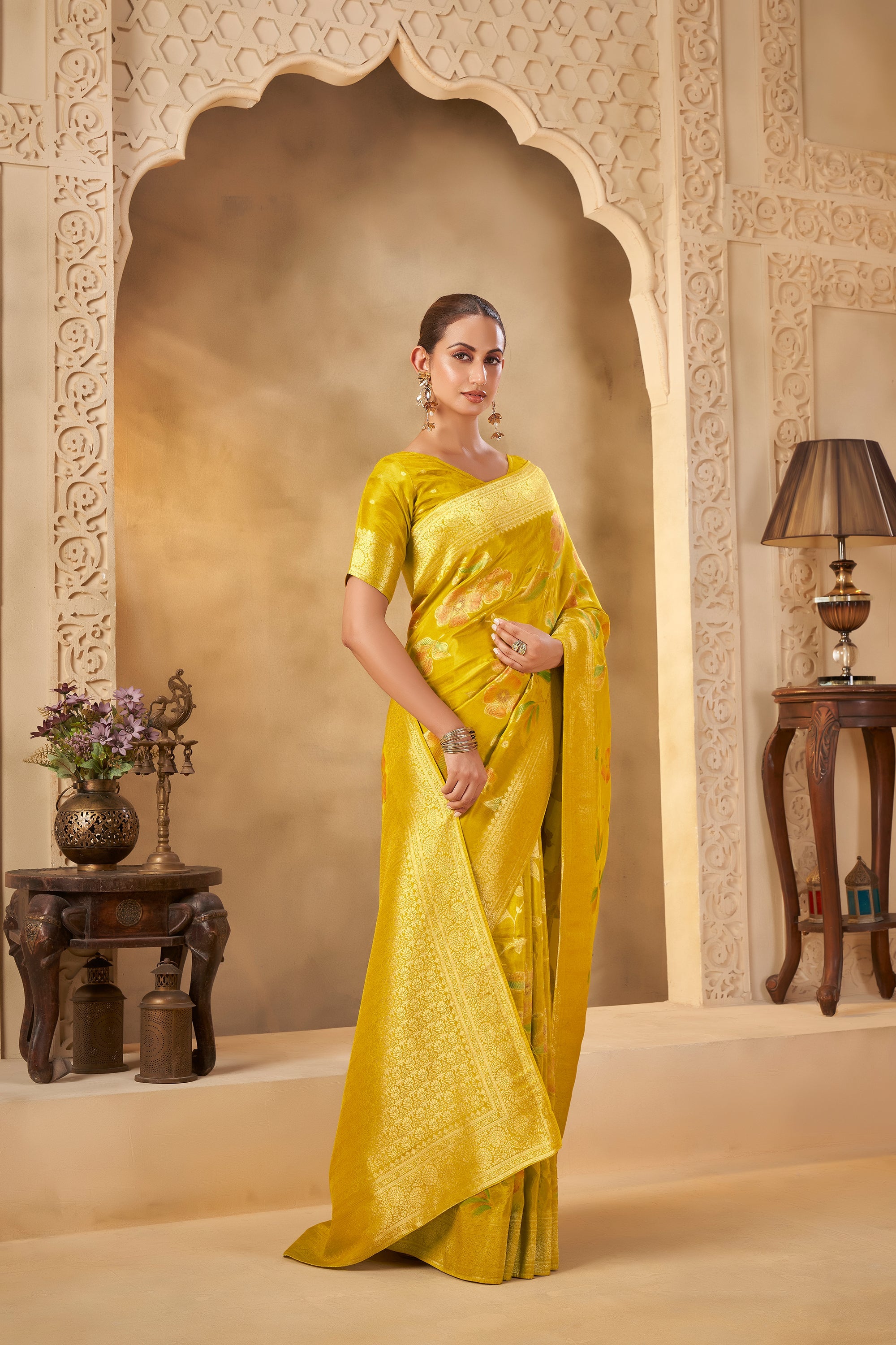 Mustard Yellow Saree with Elegant Floral Motifs & Festive Look - Gunj Fashion