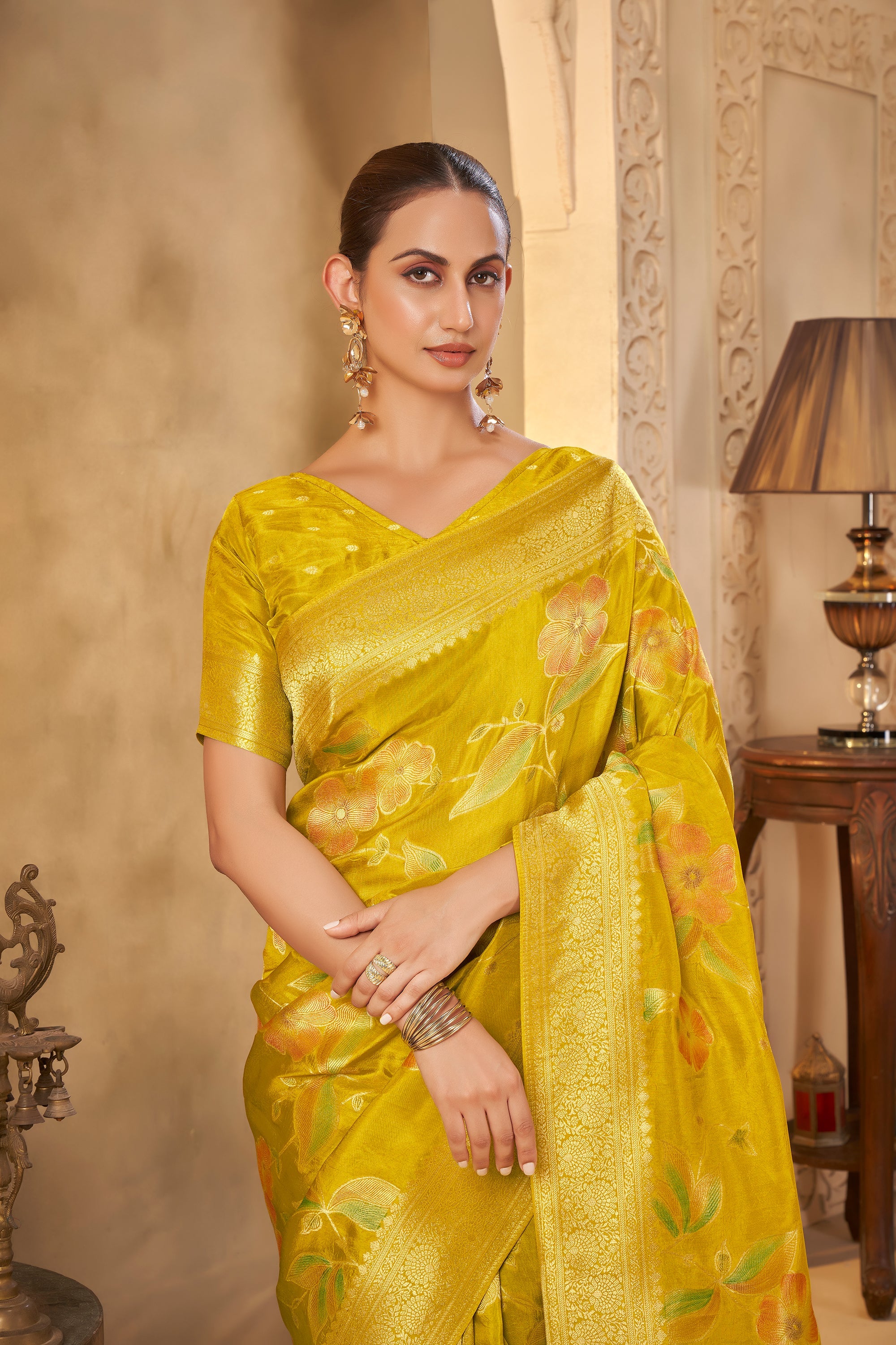Mustard Yellow Saree with Elegant Floral Motifs & Festive Look - Gunj Fashion