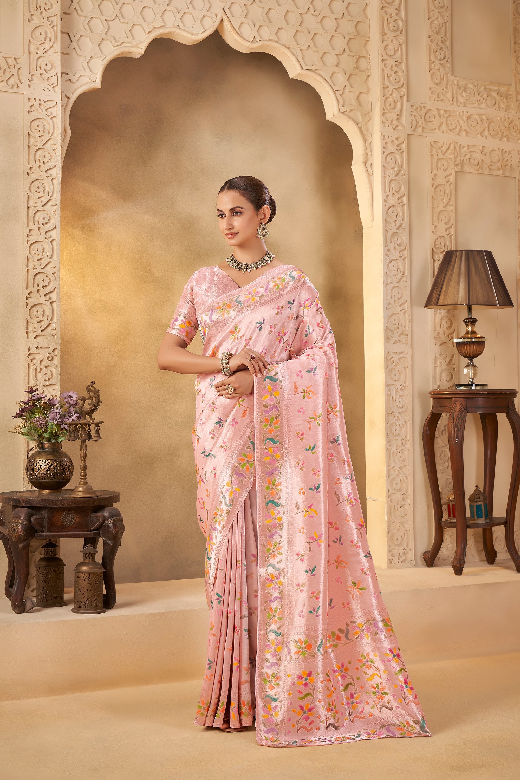 Soft Pink Designer Saree with Delicate Weave and Floral Motifs - Gunj Fashion