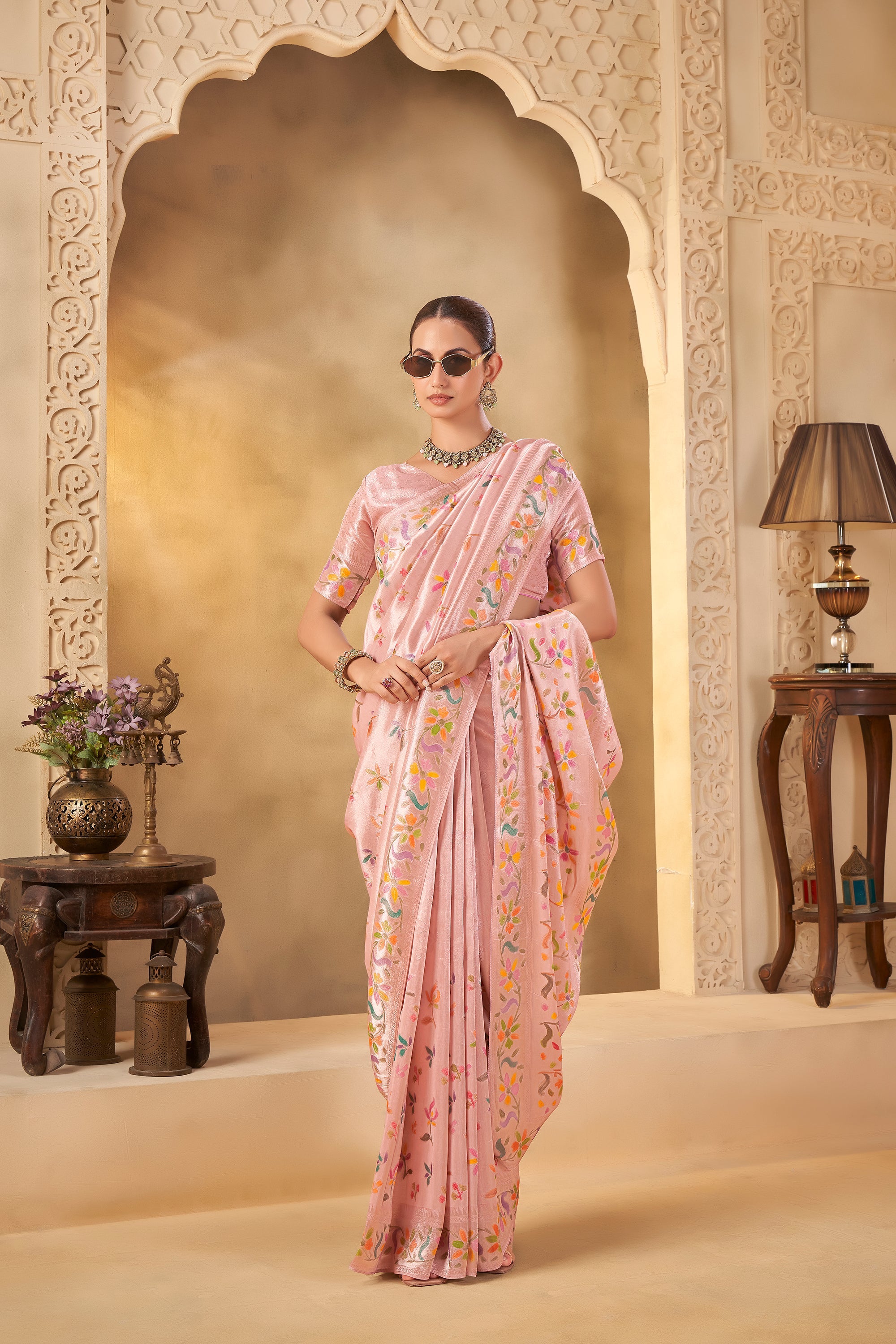 Soft Pink Designer Saree with Delicate Weave and Floral Motifs - Gunj Fashion