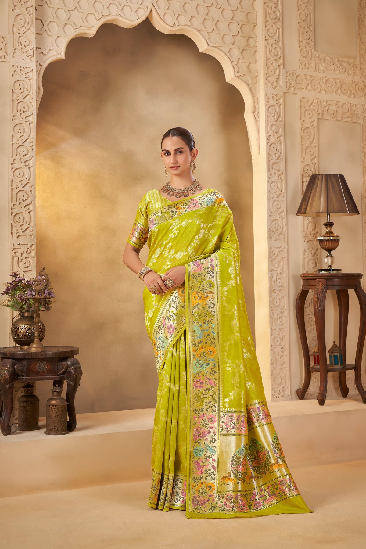 Traditional Lime Green Saree with Floral Pallu for Wedding Functions - Gunj Fashion