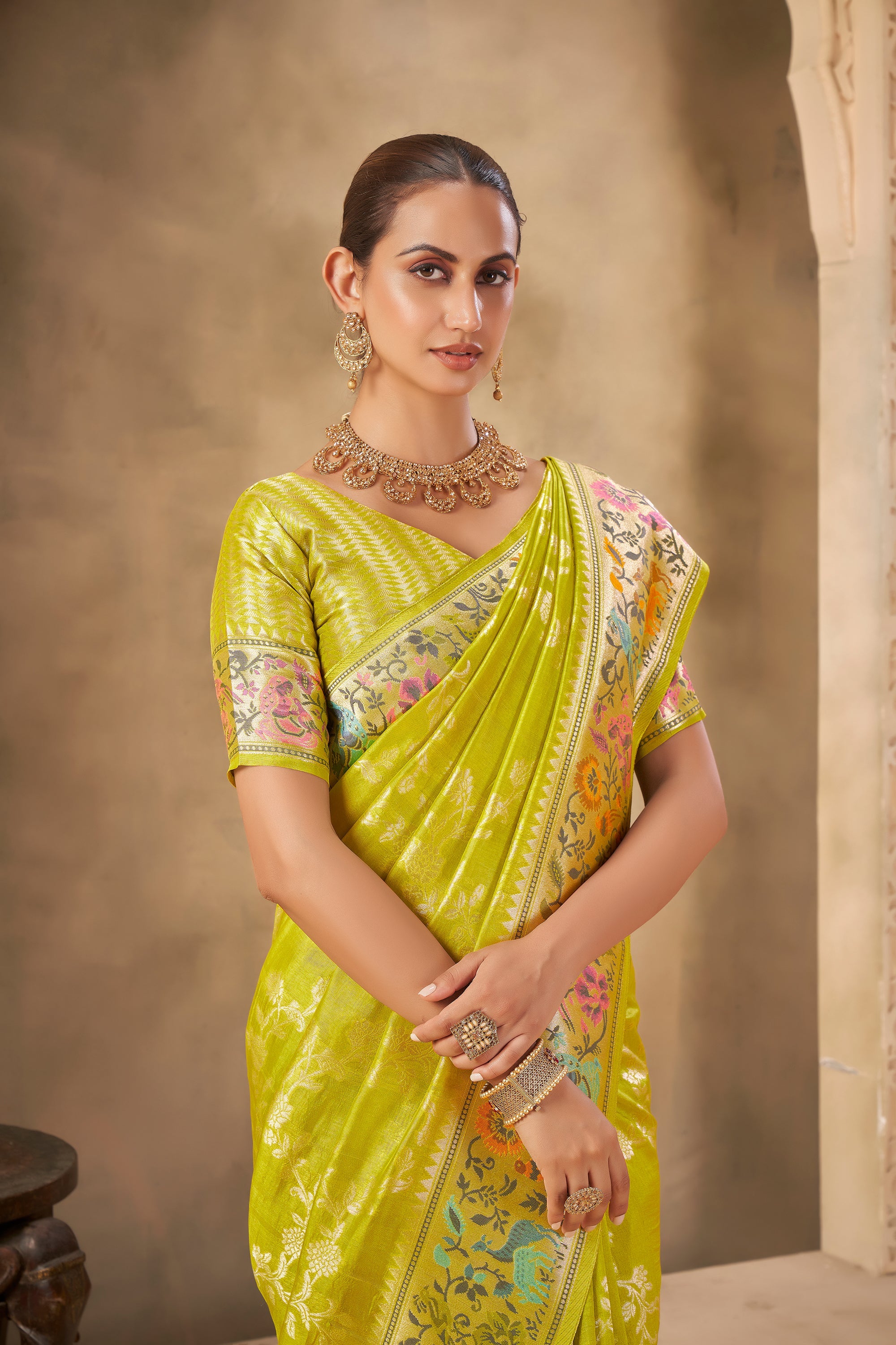 Traditional Lime Green Saree with Floral Pallu for Wedding Functions - Gunj Fashion