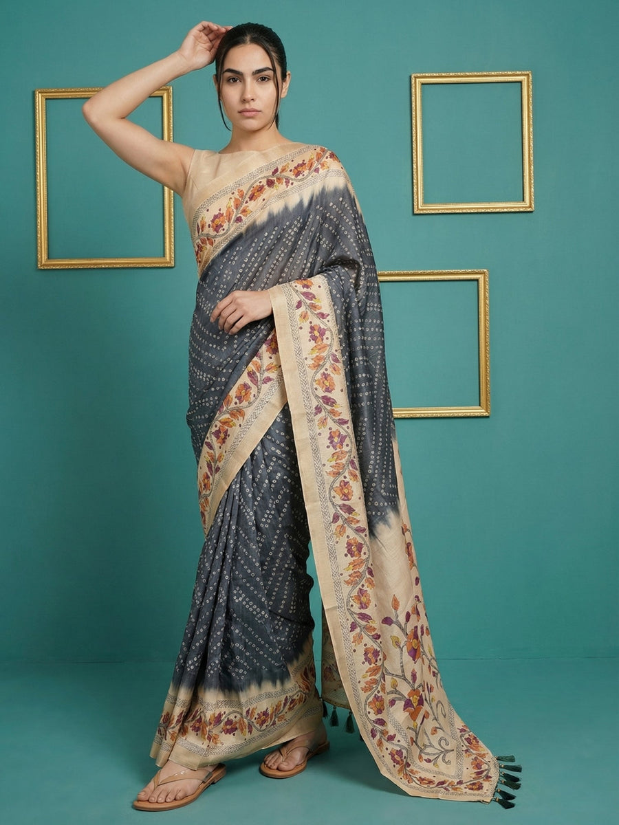 black tussar silk saree with bandhani floral print