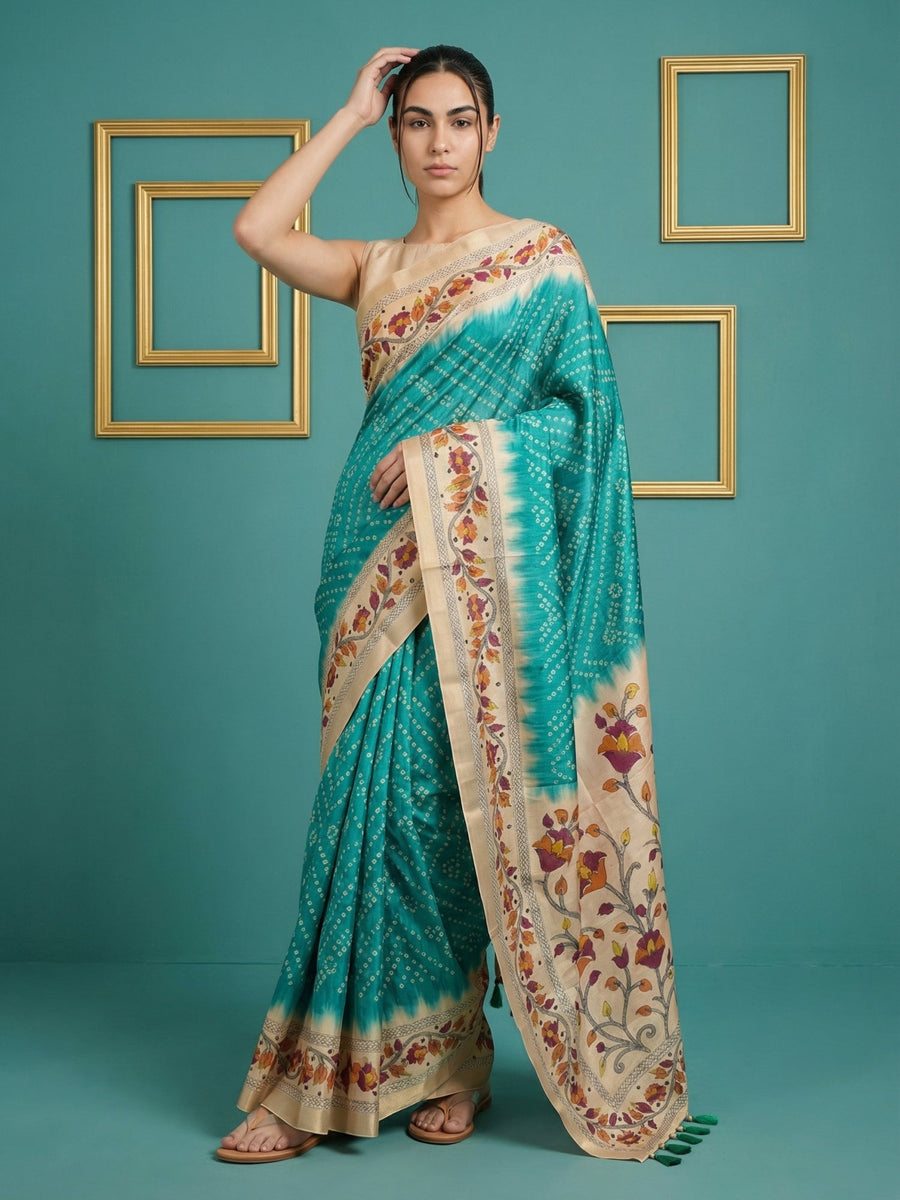 rama green tussar silk saree with bandhani floral print