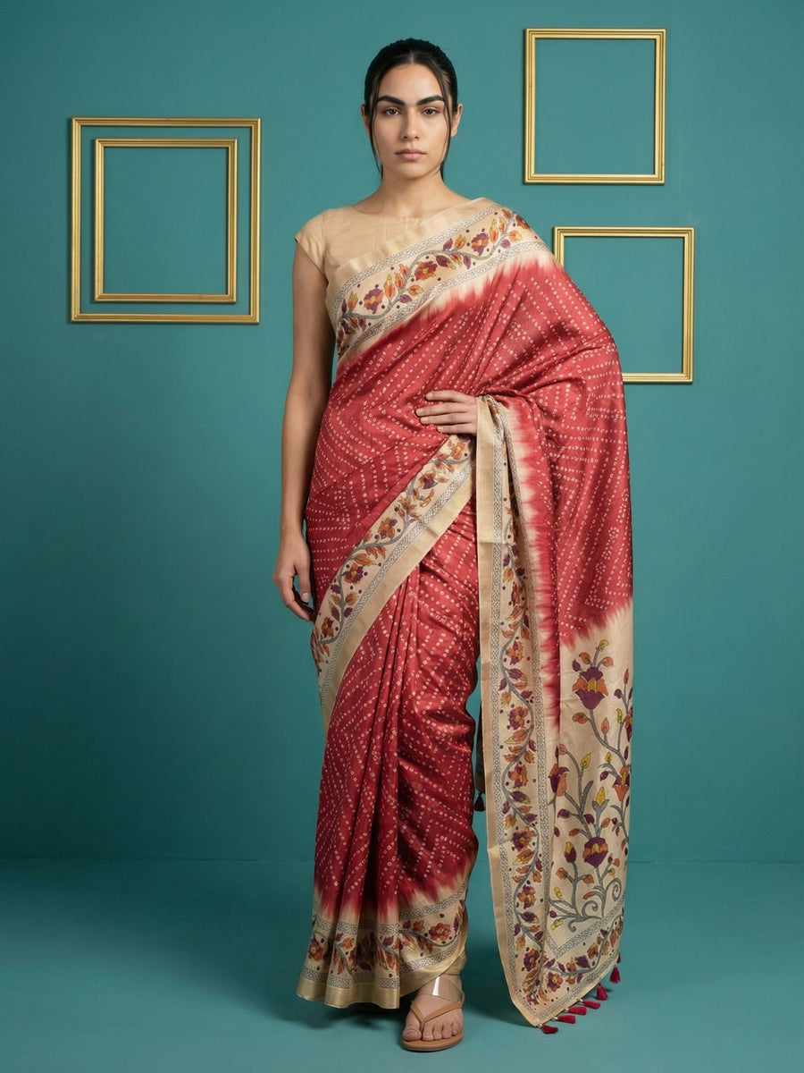 red tussar silk saree with bandhani floral print
