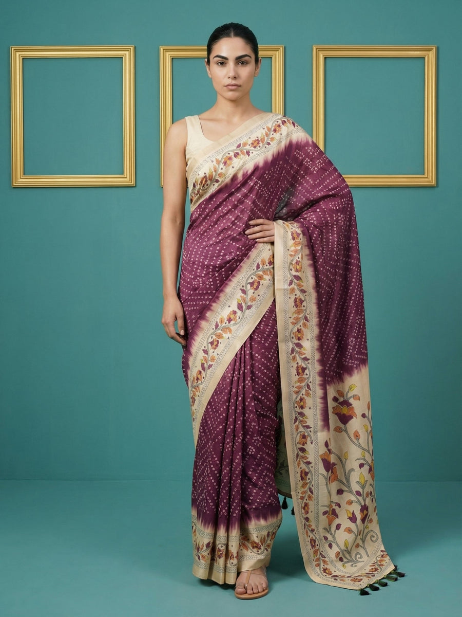 wine tussar silk saree with bandhani floral print