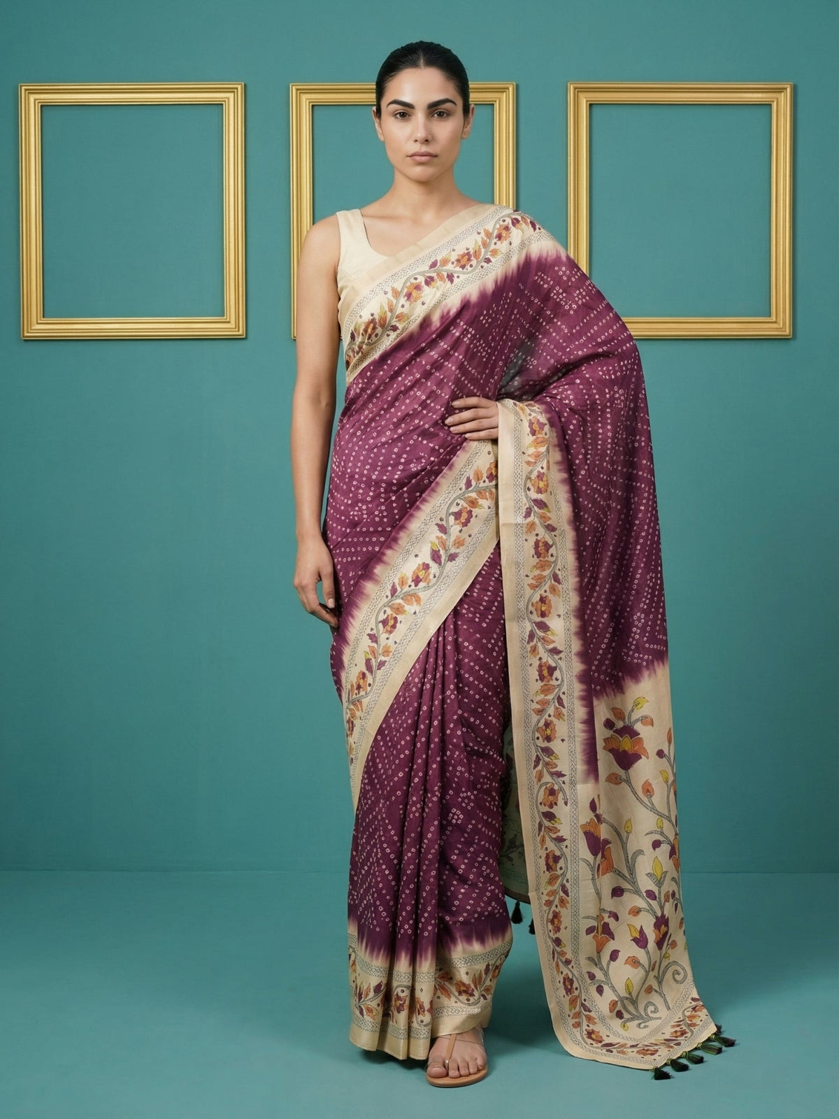 Wine Soft Tussar Silk Saree Bandhani Floral Print Zari Border Traditional Saree With Blouse