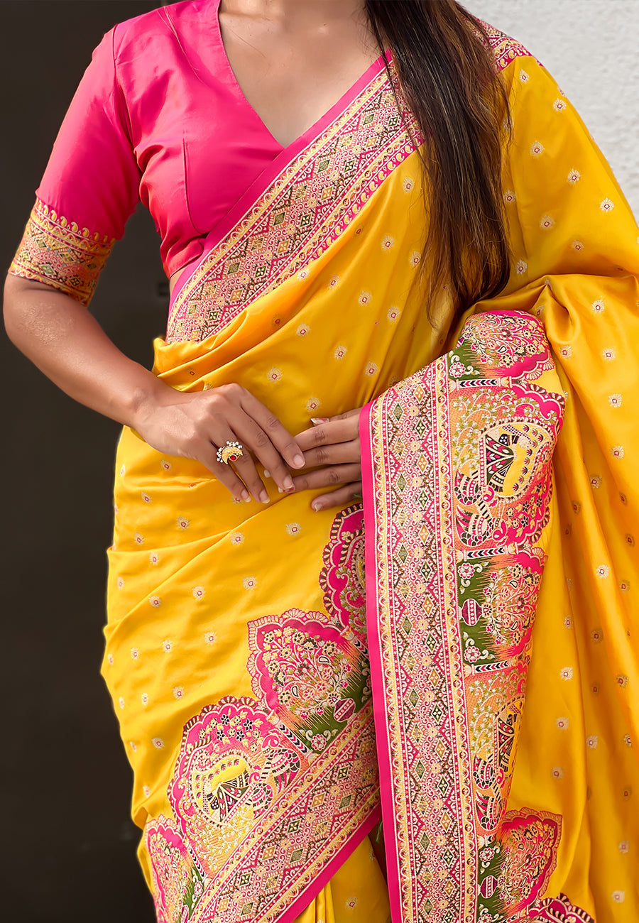 Traditional mustard silk saree with meenakari border