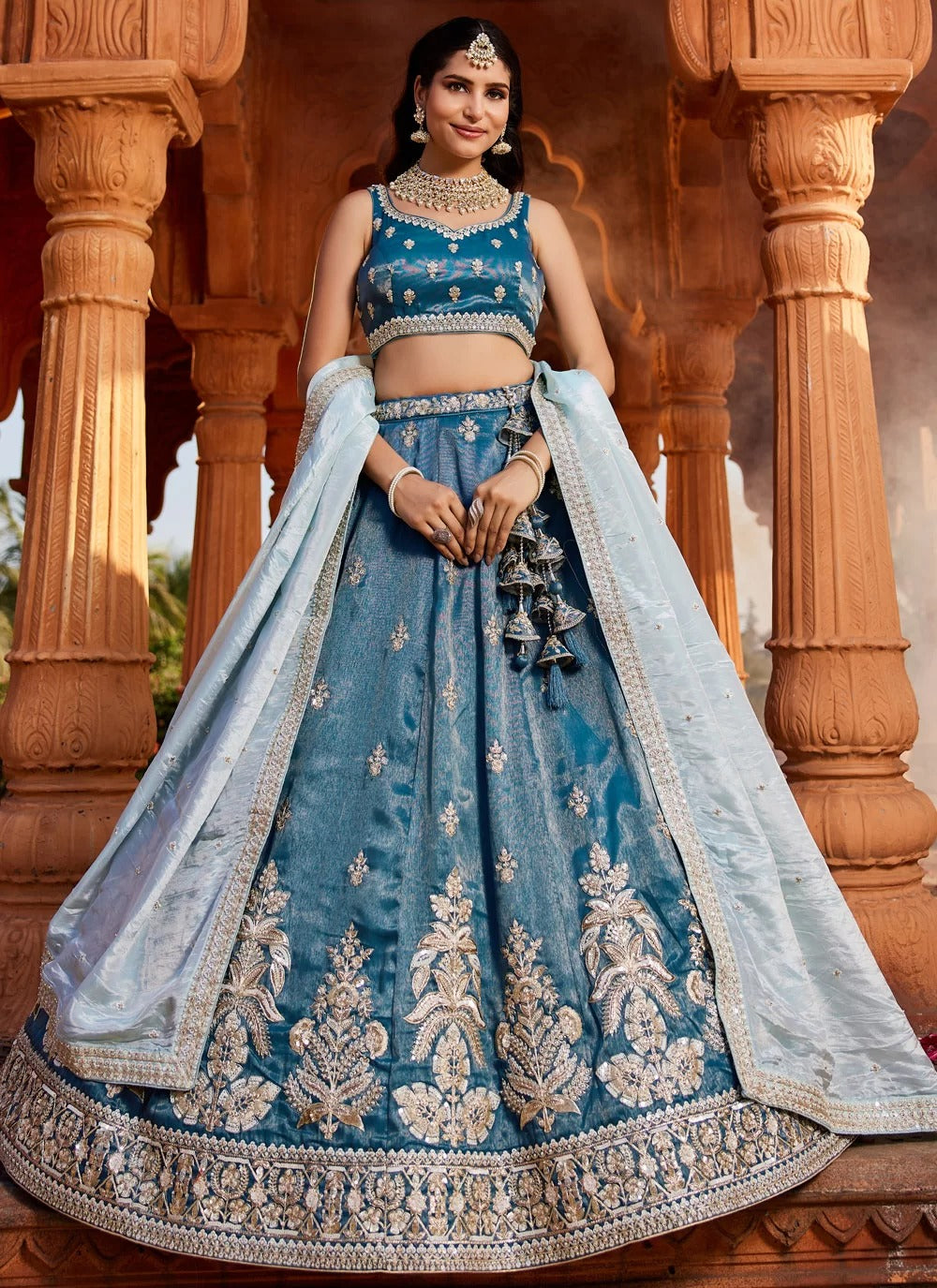Trendy Blue Sequins & Moti Embroidered Tissue Mehendi Lehenga Choli with Dupatta