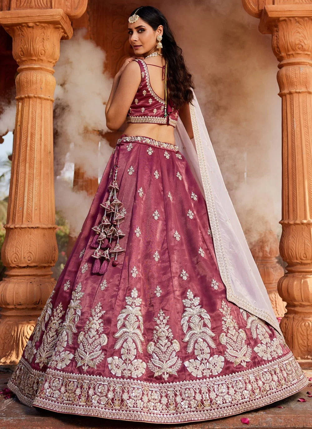 Designer Burgundy Tissue Lehenga Choli for Sangeet with Heavy Sequins and Embroidered Dupatta – Gunj Fashion

