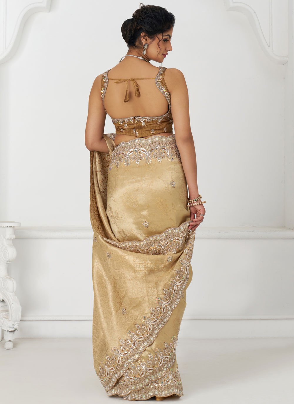 Golden Dola Silk Saree with Aari Embroidery and Banarasi Patch for Weddings