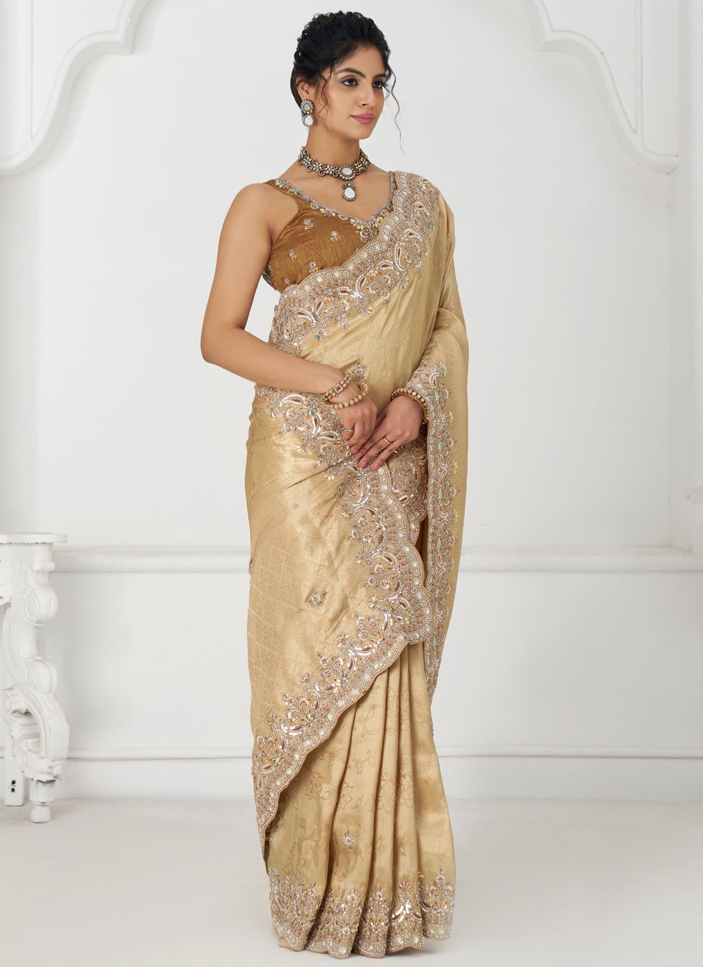 Golden Dola Silk Saree with Aari Embroidery and Banarasi Patch for Weddings