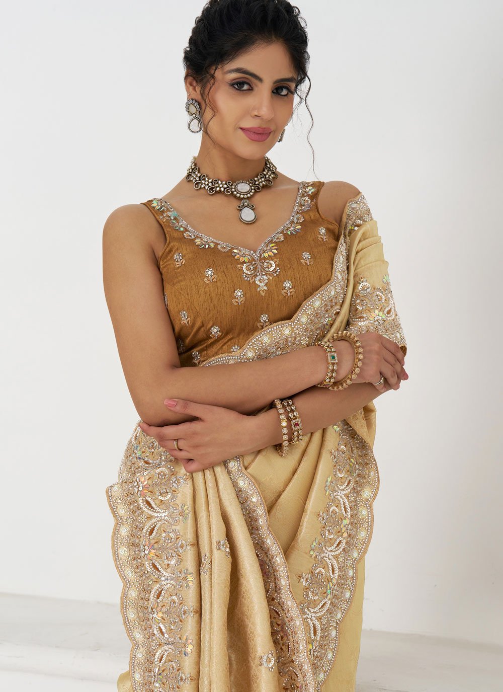 Golden Dola Silk Saree with Aari Embroidery and Banarasi Patch for Weddings
