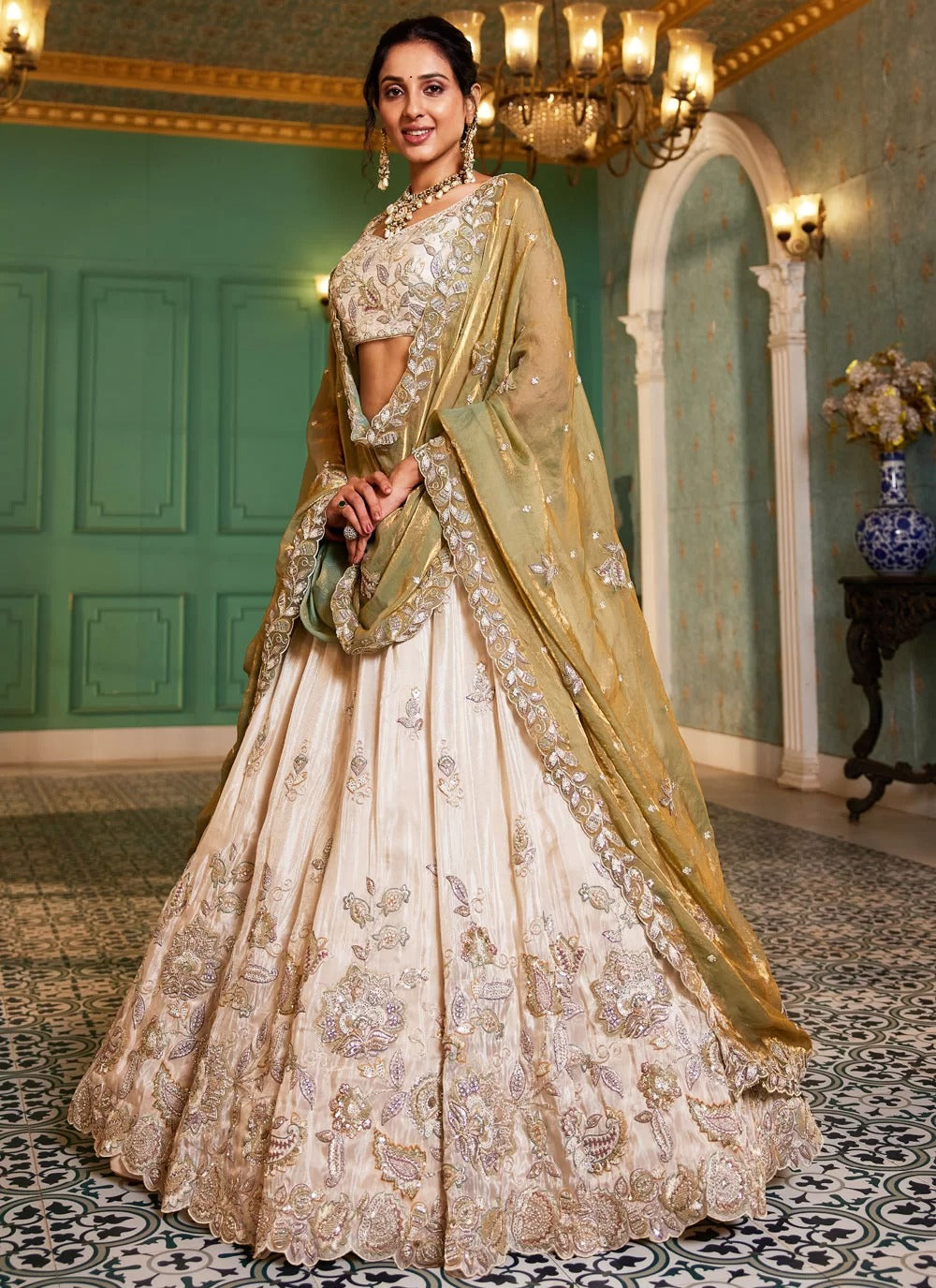 Green Mehendi Lehenga Choli Set with Sequins Embroidery and Viscose Dupatta – Gunj Fashion