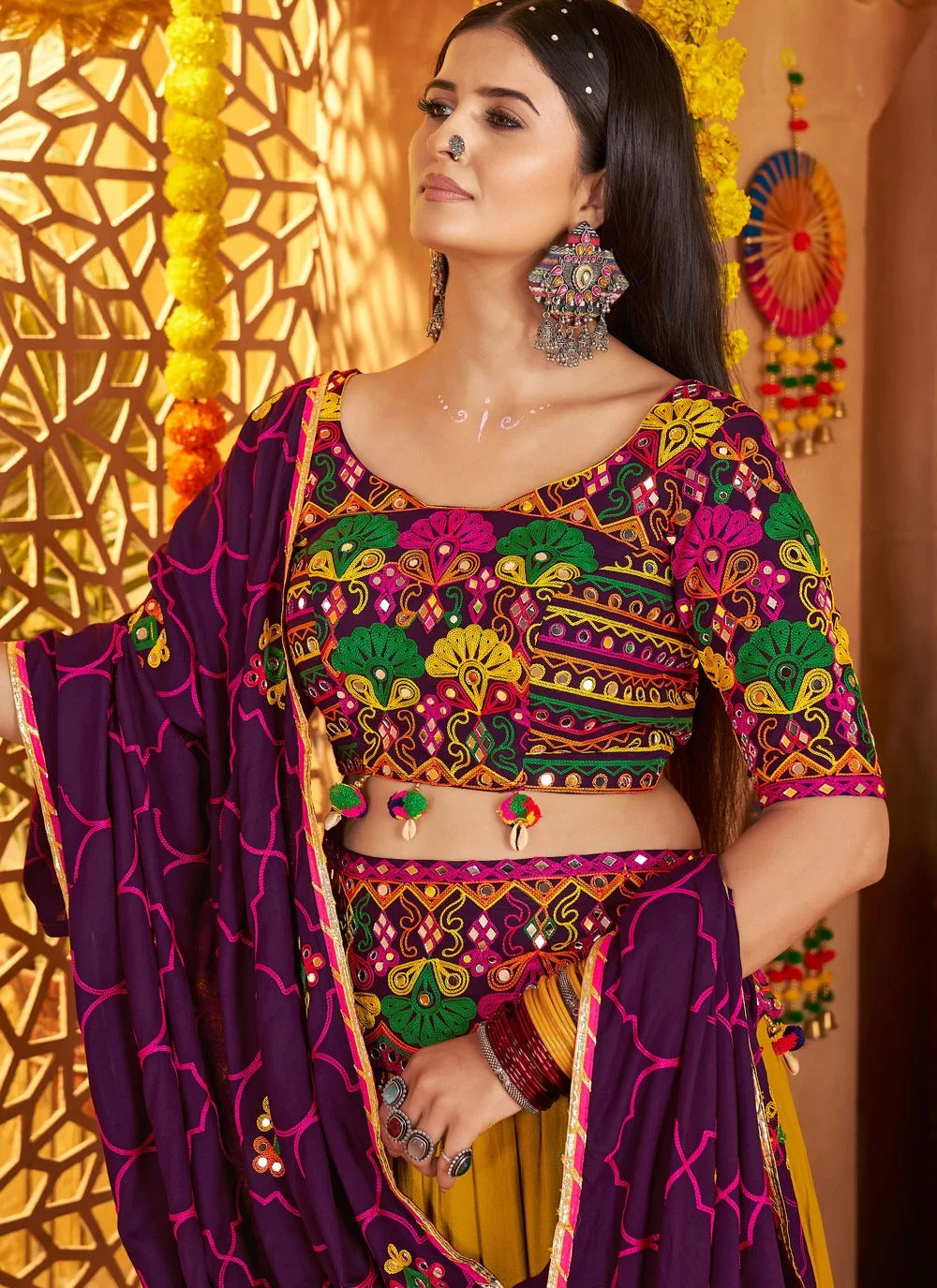Multicolor Mirror Work Viscose Cotton Navratri Chaniya Choli for Girls